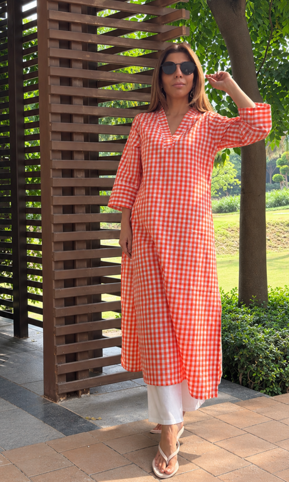 Tangerine Checks Handloom Cotton Kurta & Pants