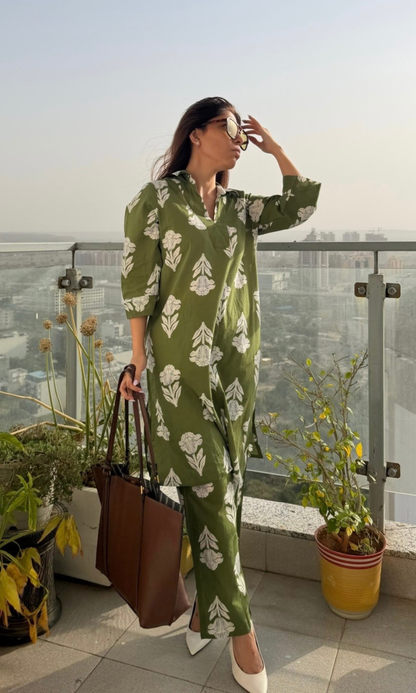 Cotton Green Olive Floral Collared  Co-ord