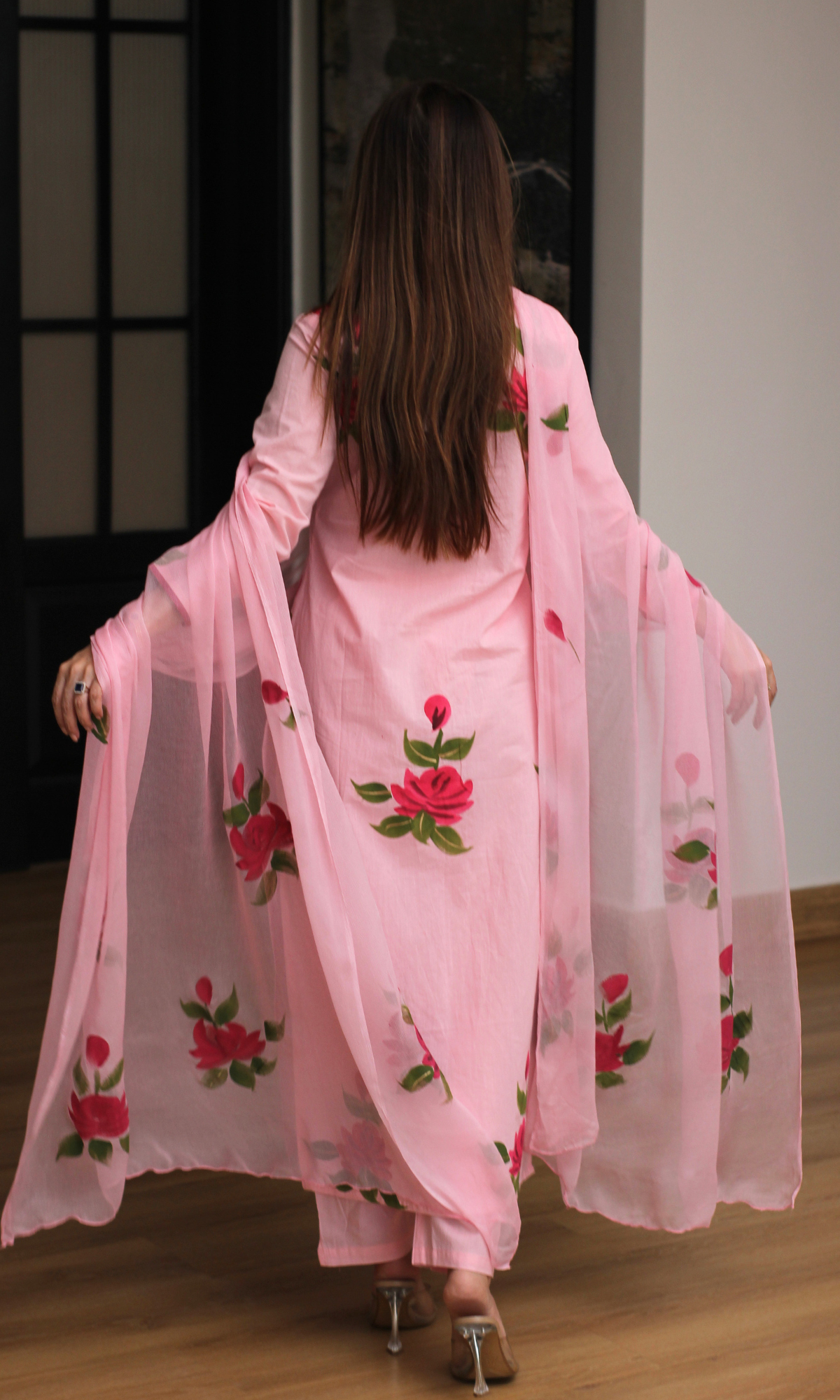 Pink Rose Handbrush Painted Cotton Kurta , Chiffon Hand Painted Dupatta & Cotton pants