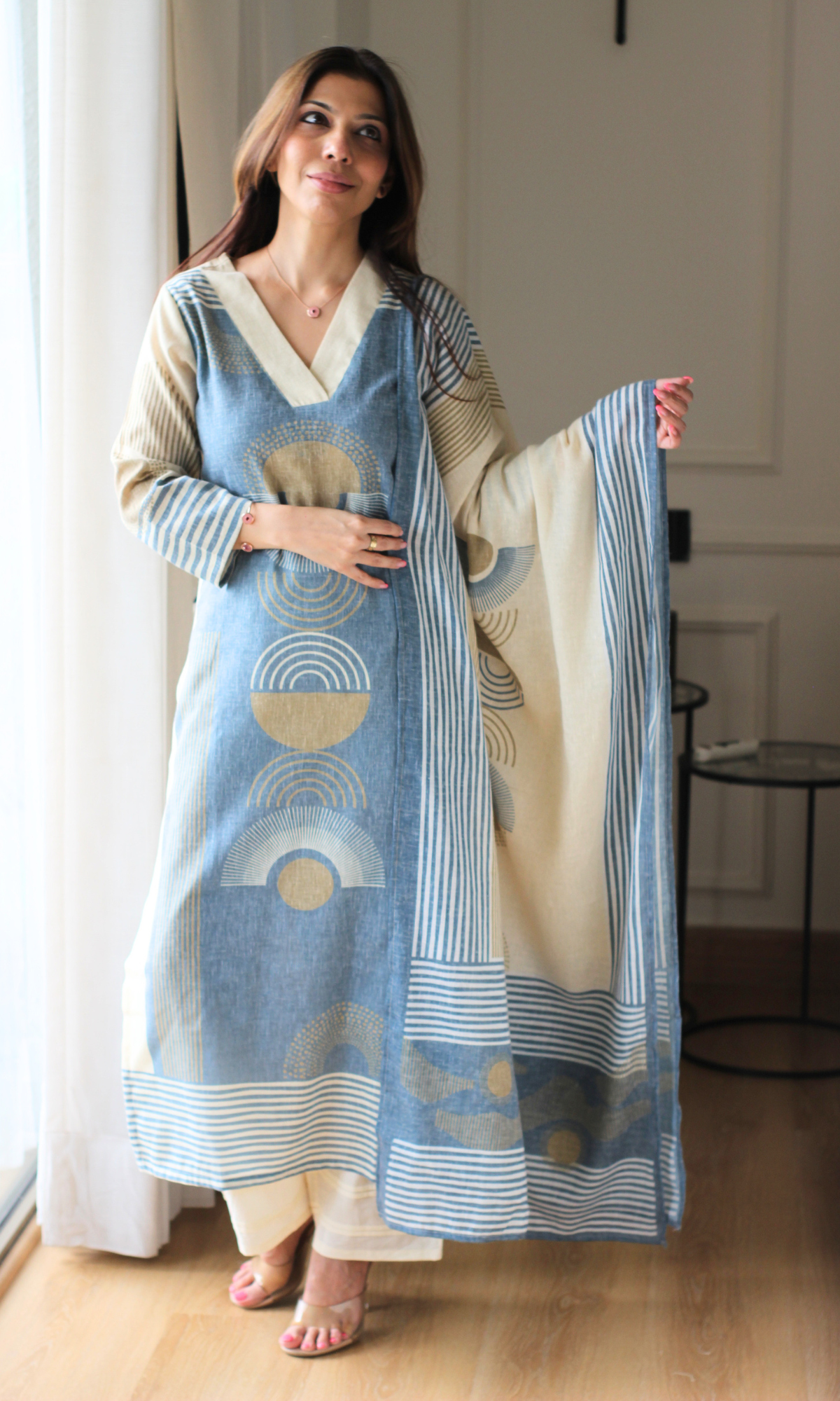 Linen Blend Beige Half Moon Print  Print Kurta , Dupatta with Cotton Pants