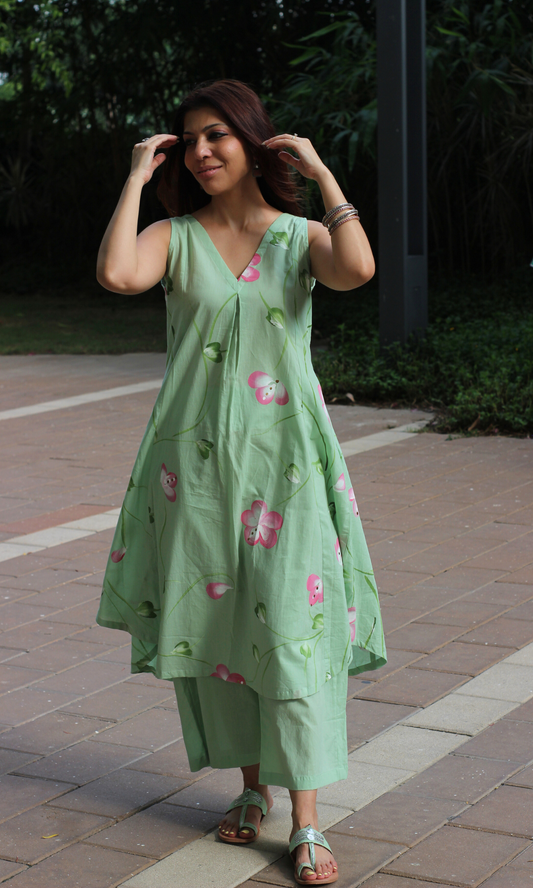 Pastel Green Spring Hand Brush Painted Pleated Kali Kurta & Cotton Culottes
