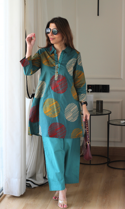 Cotton Teal Circle Abstract Collared Coord
