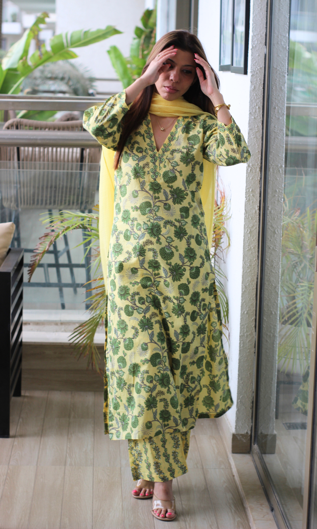 Lime & Green Block Printed Kurta, Pants and Kota Doria Ombre Dupatta