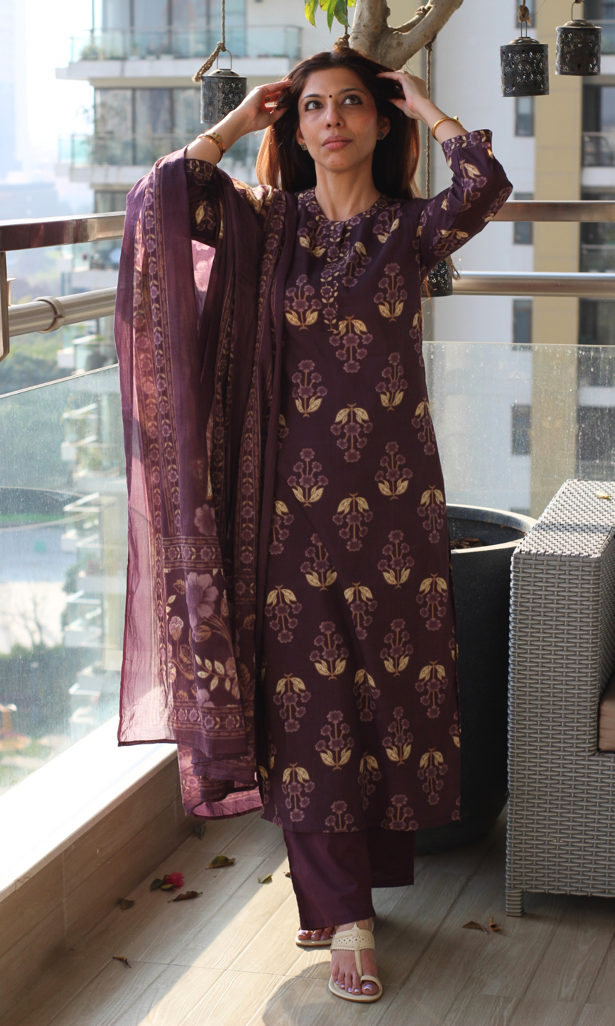 Muted Purple Mughal Gulistan Kurta, Dupatta & Cotton Pants