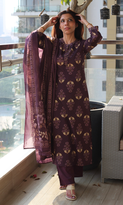 Muted Purple Mughal Gulistan Kurta, Dupatta & Cotton Pants