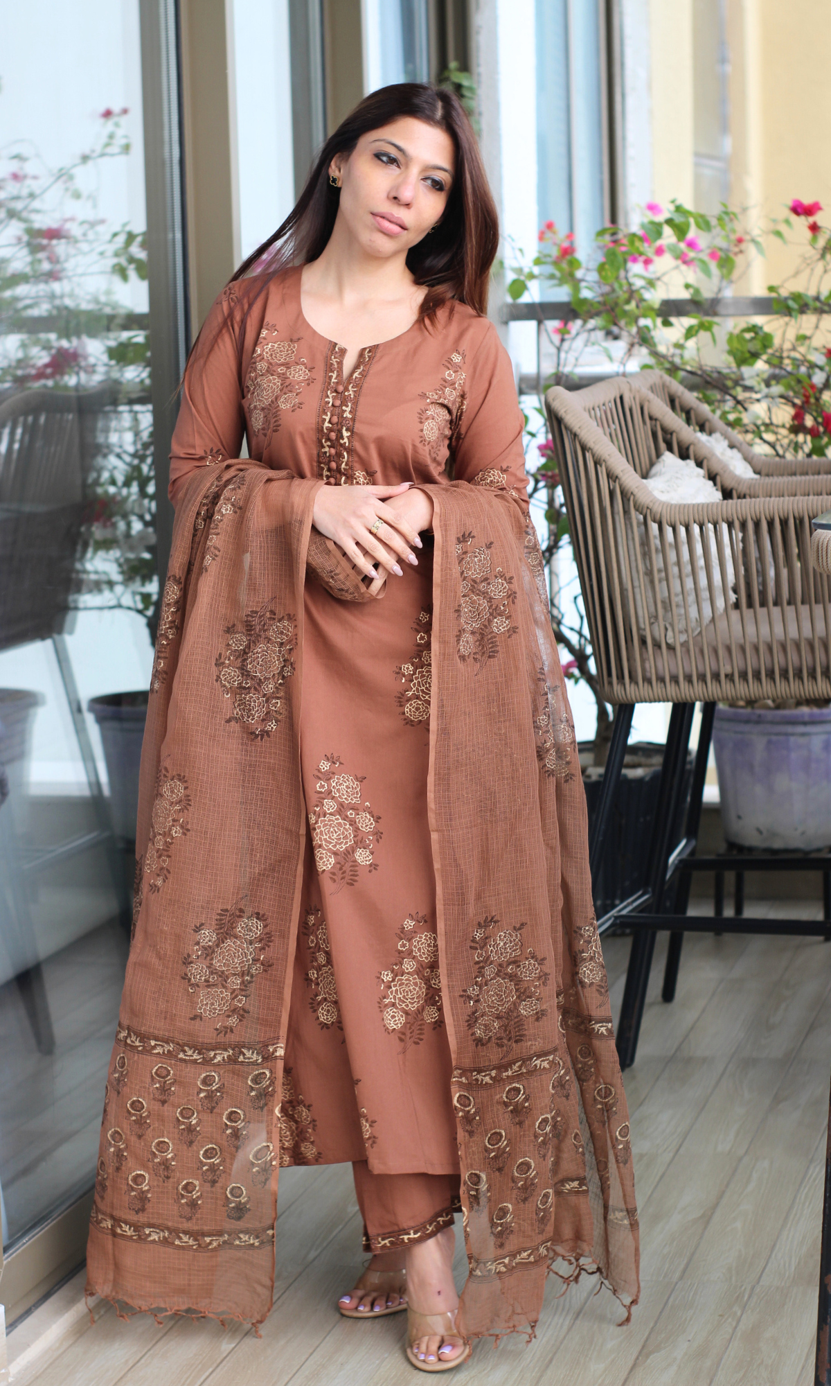 Cocoa Rangreza Gold Handblock Mughal Print Kurta, Cotton Pants & Kota Doria Dupatta