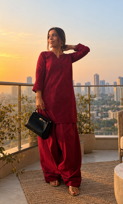Rose Embroidered Kurta & Cotton Farshi Salwaar