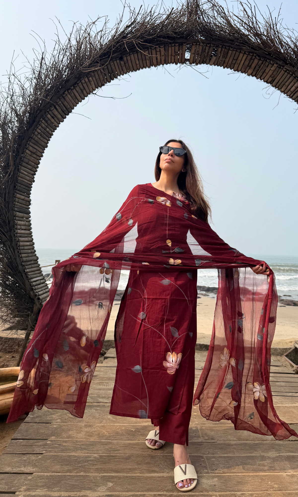 Maroon Zohra Handbrush Painted Kurta, Cotton Pants & Chiffon Handpainted Dupatta