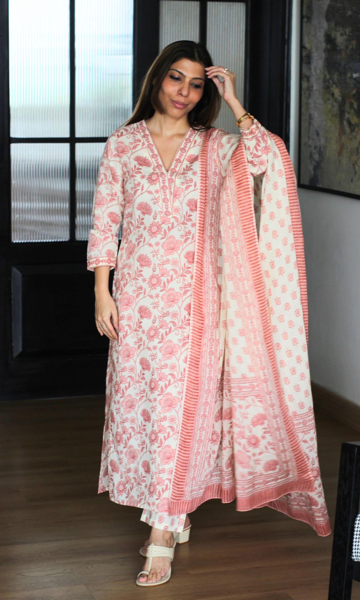 Apricot Garden Block Print Cotton Kurta, Pant and Mul Printed Dupatta