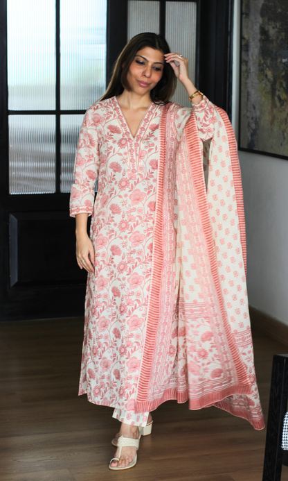 Apricot Garden Block Print Cotton Kurta, Pant and Mul Printed Dupatta