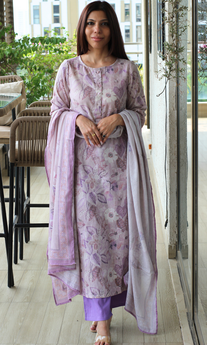 Duchessé Pink Linen Blend Printed Kurta , Dupatta & Cotton Bottoms