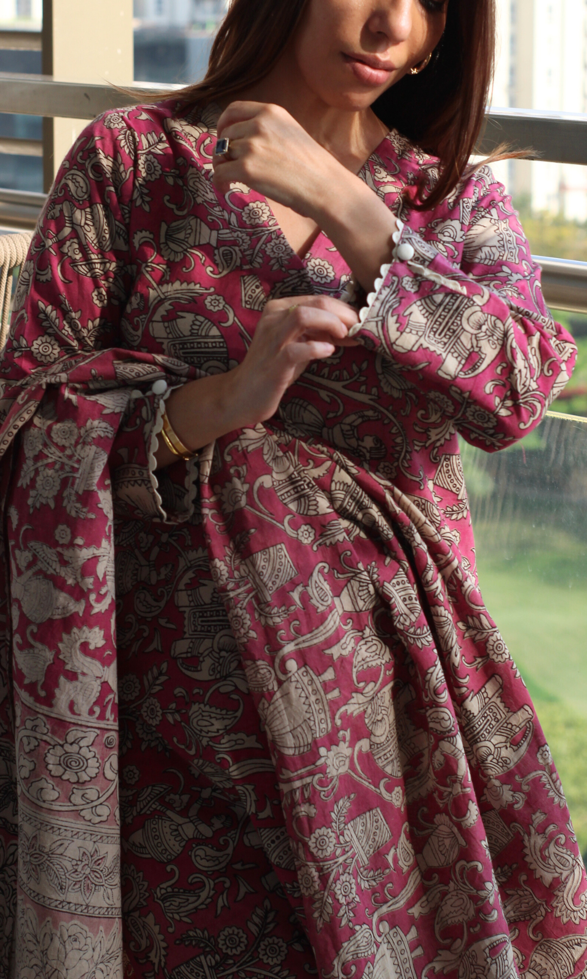 Deep Pink Handblock Kalamkari Kurta, Cotton Handblock Dupatta & Pants