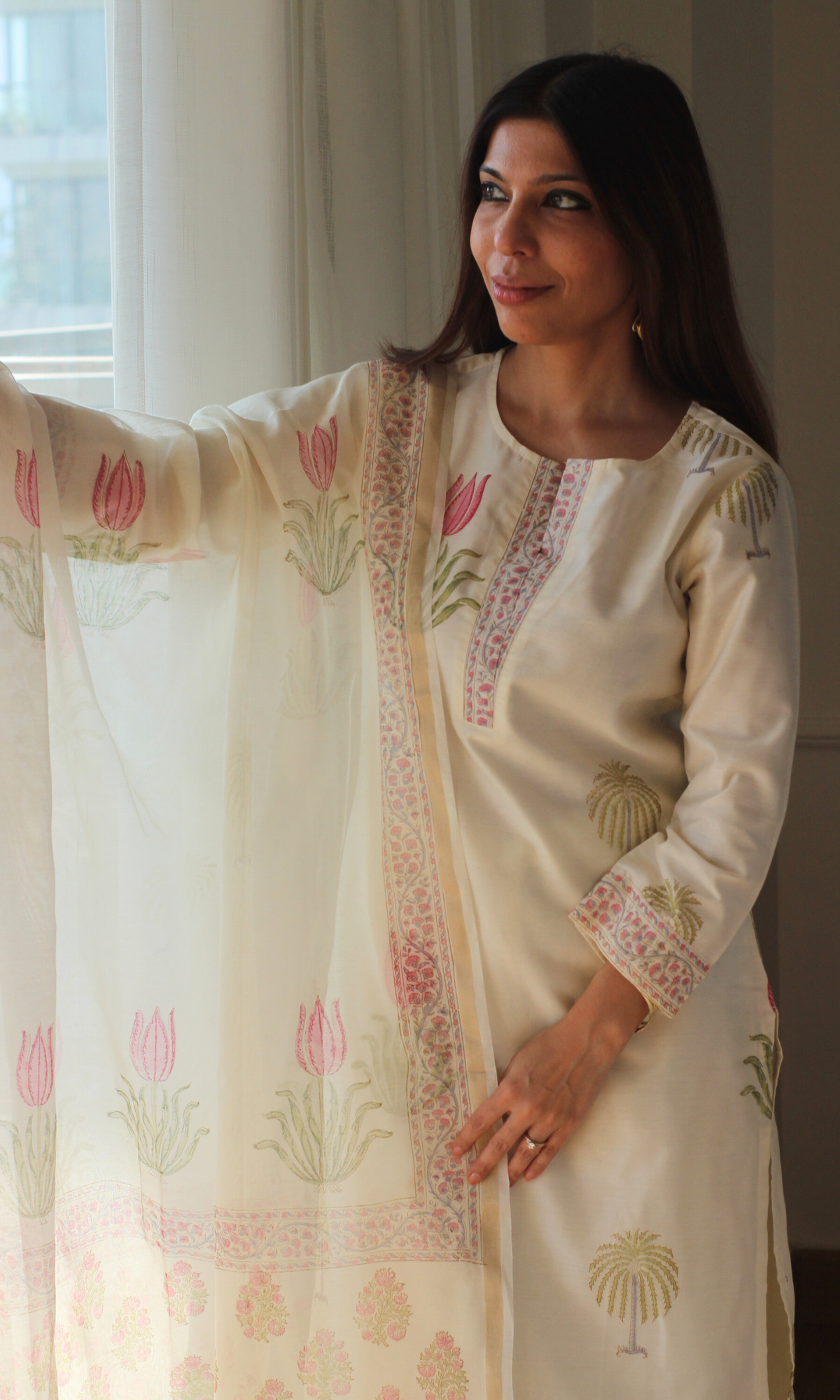 Seher Chanderi Silk Handblock Printed Kurta , Dupatta & Cotton Pants
