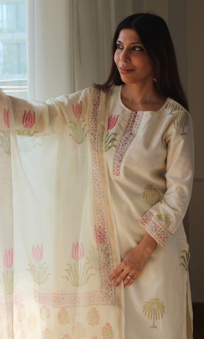 Seher Chanderi Silk Handblock Printed Kurta , Dupatta & Cotton Pants