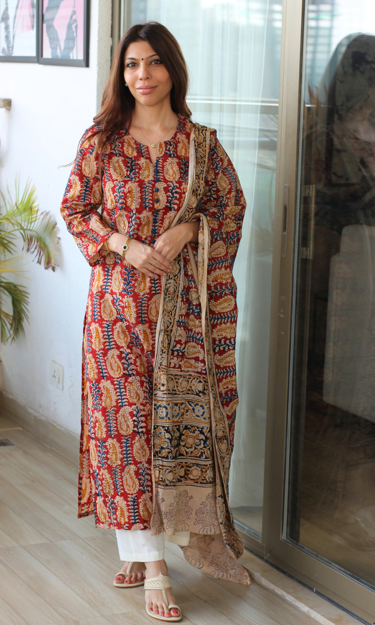 Kalamkari Red & Blue Cotton Kurta & Hand Block Kalamkari Dupatta