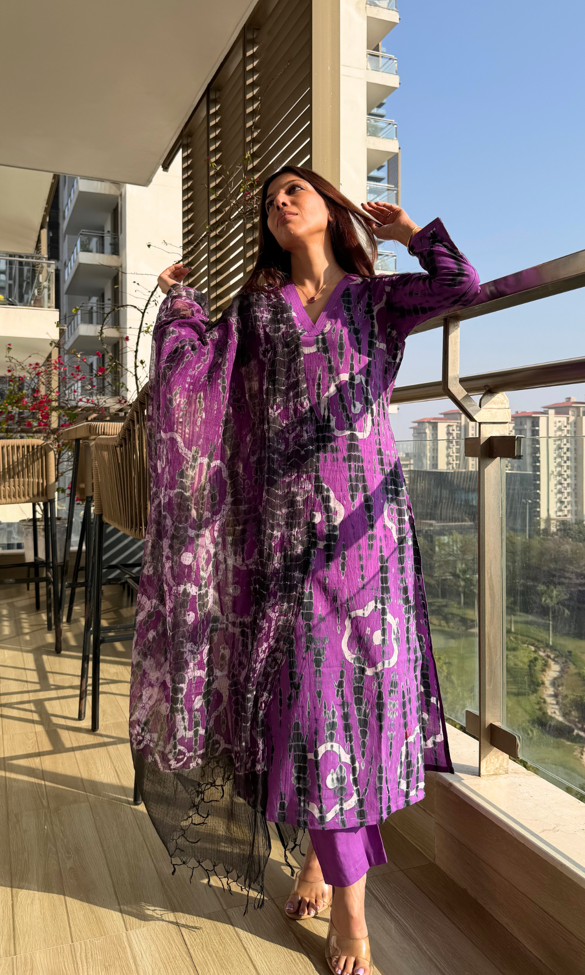 Cotton Purple & Black Tie & Dye Suit with Chiffon Tie & Dye Dupatta