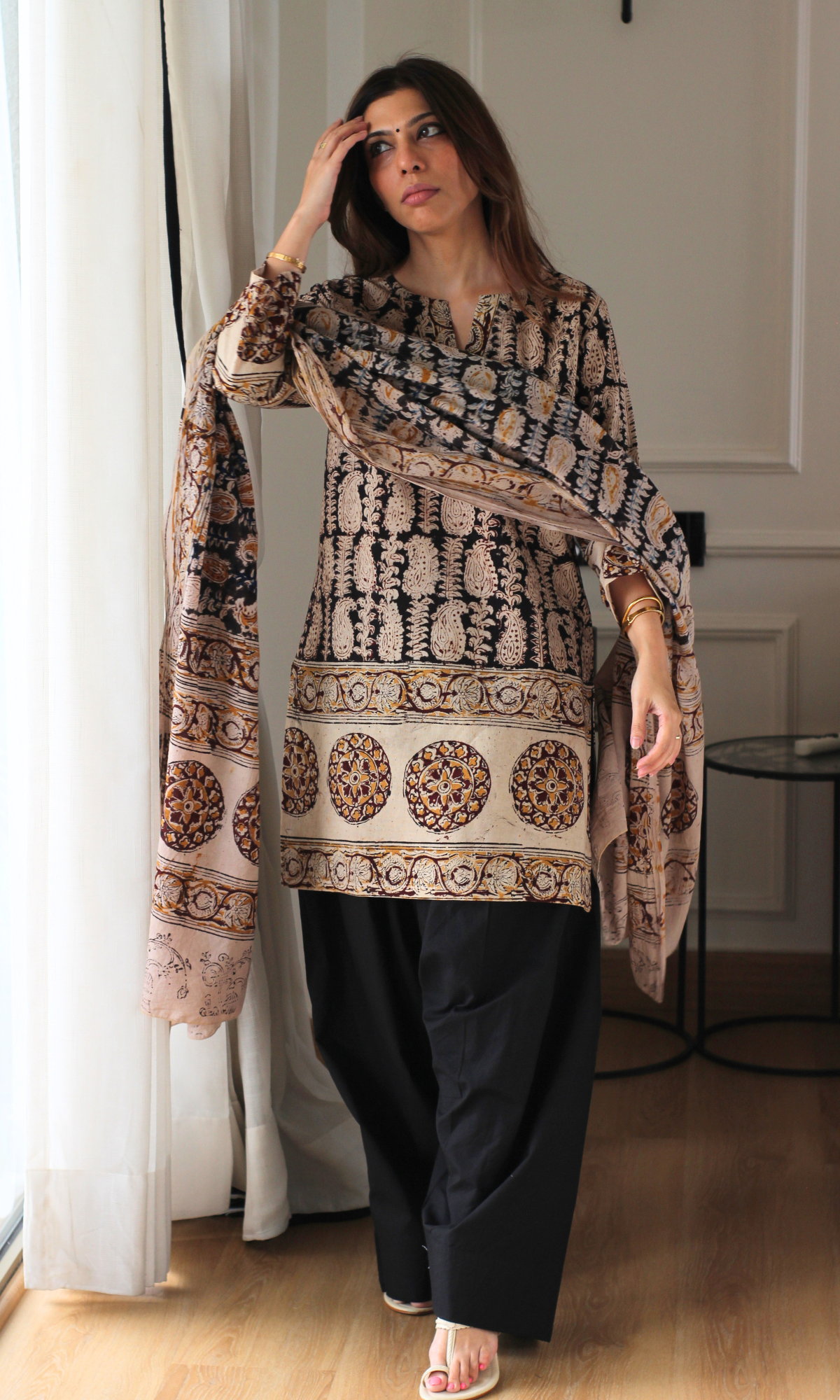 Black Paisley Handblock Kalamkari Kurta , Dupatta & Cotton Farshi Salwaar