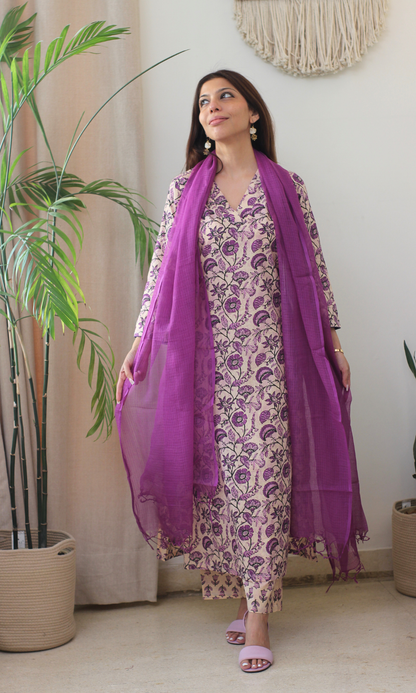 Cotton Dusty Lilac Dabu Print Kurta, Pant & Kota Doria Dupatta