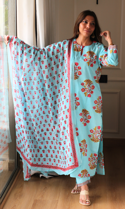 Sea Blue & Red Mughal Print Kurta, Cotton Pants & Cotton Printed Dupatta