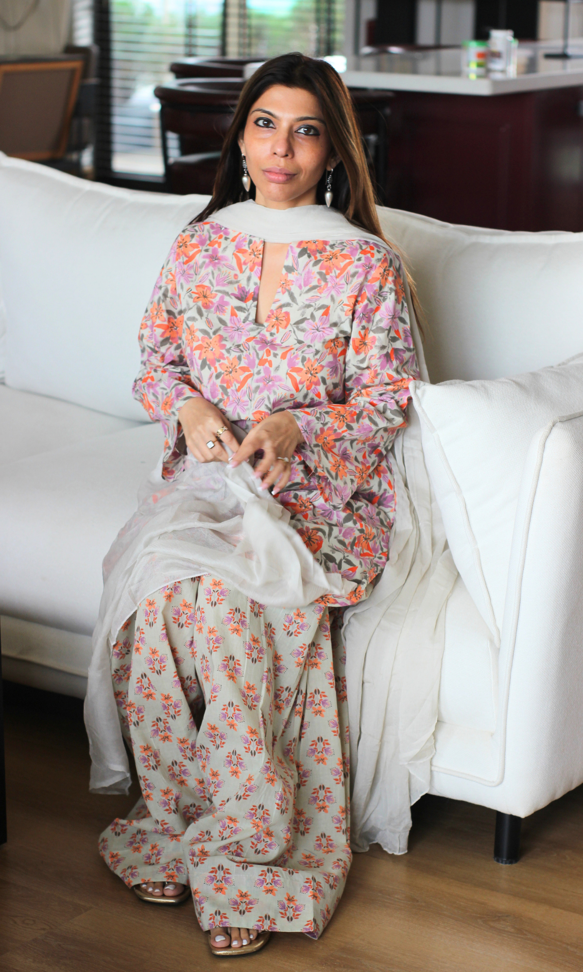 Sehej floral Cotton Kurta ,farshi salwaar & Chiffon Dupatta