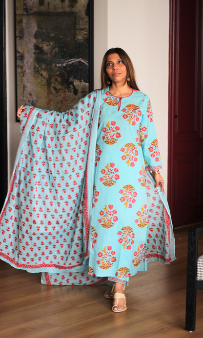 Sea Blue & Red Mughal Print Kurta, Cotton Pants & Cotton Printed Dupatta