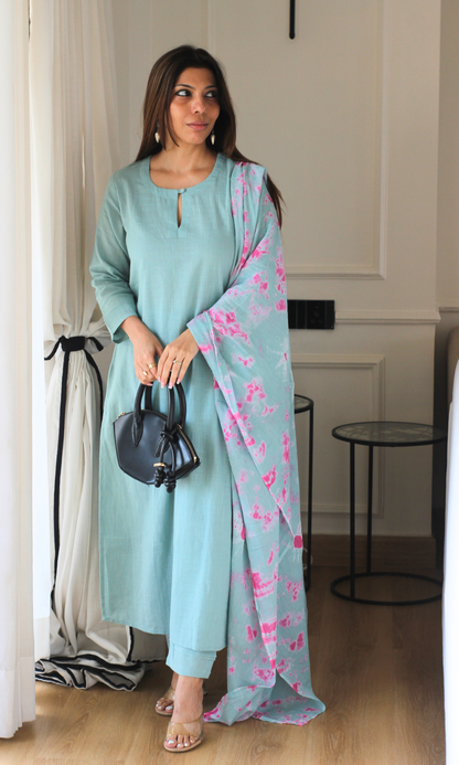 Cotton Slub Sea Blue Suit with Mul Shibori Dupatta