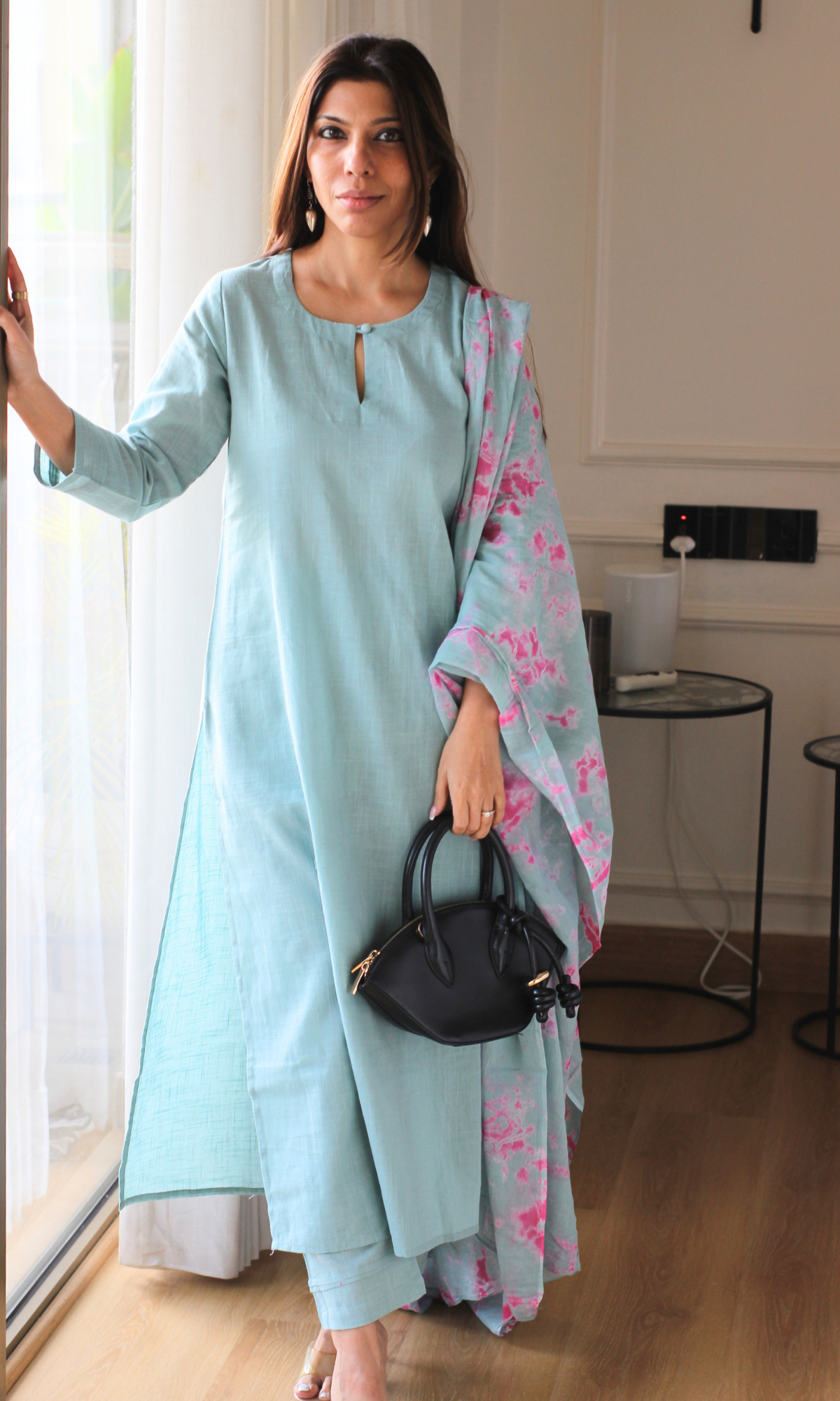 Cotton Slub Sea Blue Suit with Mul Shibori Dupatta