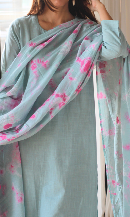Cotton Slub Sea Blue Suit with Mul Shibori Dupatta