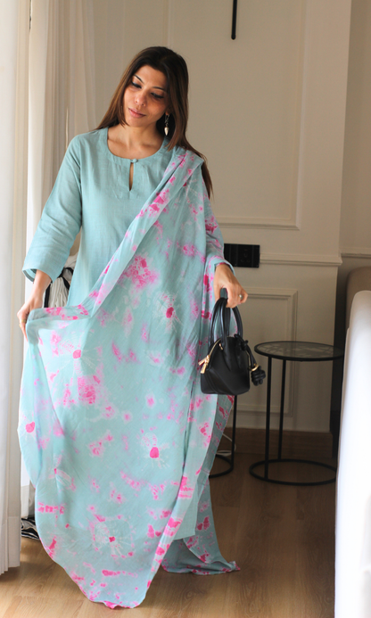 Cotton Slub Sea Blue Suit with Mul Shibori Dupatta