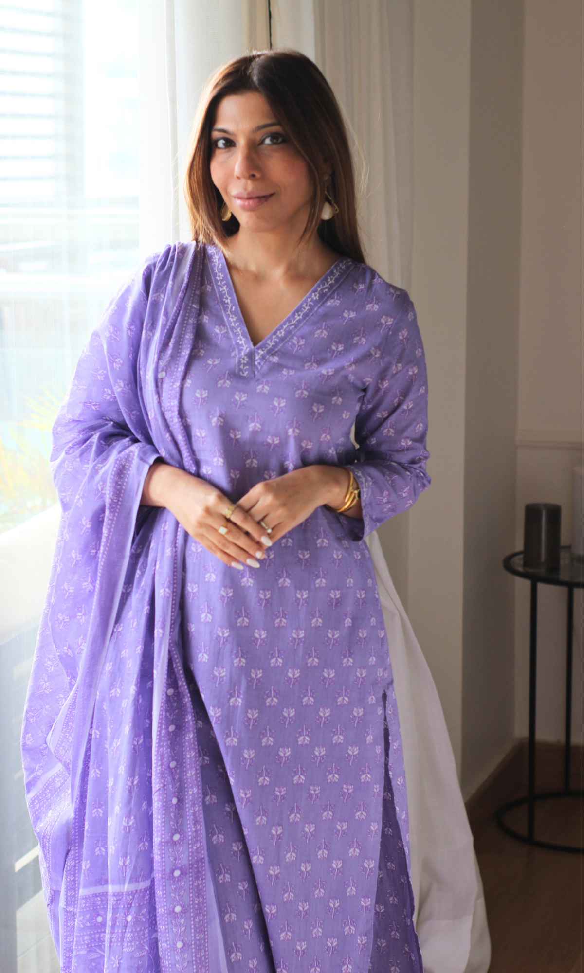 Lavender Flower Blockprint Kurta, Cotton Pants & Mul Printed Dupatta