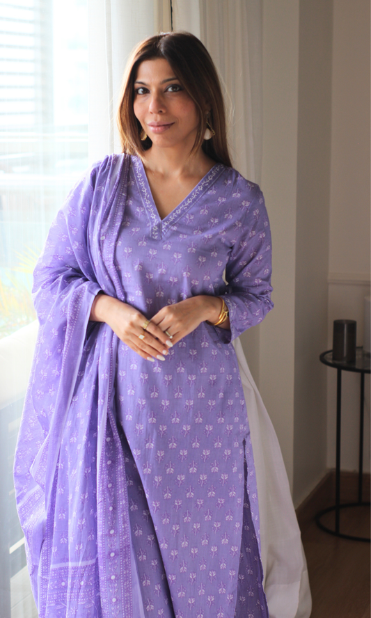 Lavender Flower Blockprint Kurta, Cotton Pants & Mul Printed Dupatta