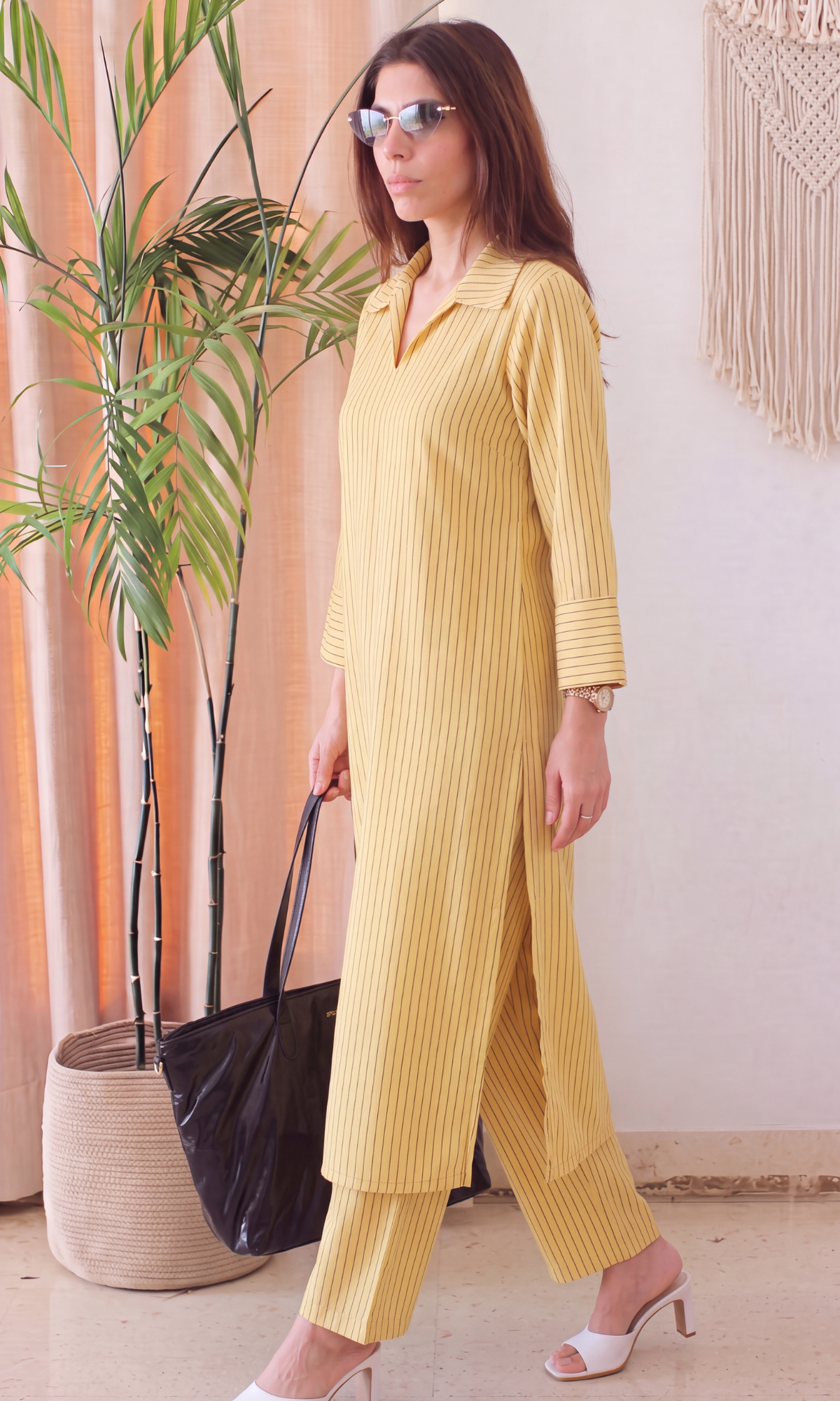 Lemon Cotton Ikat Striped Kurta & Pants