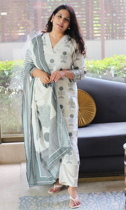 Linen Blend Off White Leaf Print Kurta, Dupatta & Cotton Pants