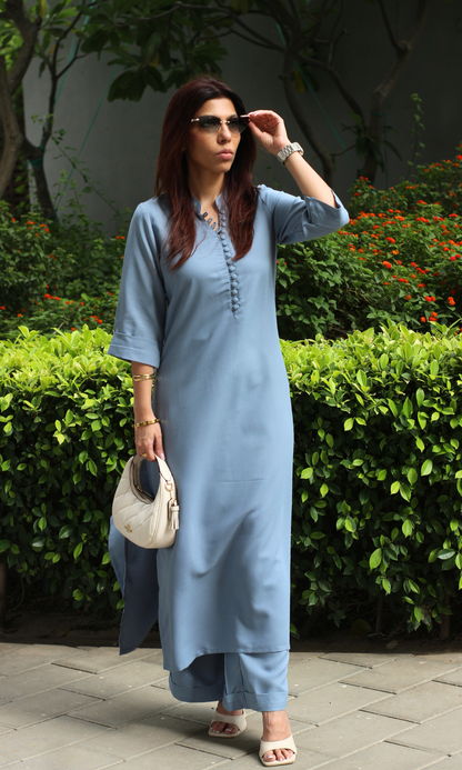 Frosted Blue Collared Buttoned Co-ord