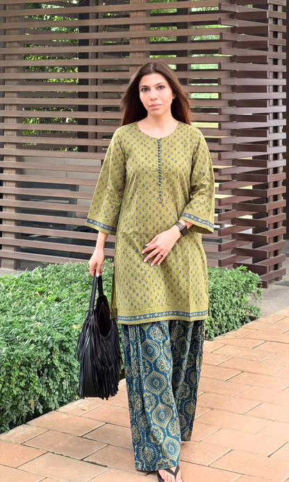 Olive & Blue booti Kurta with Kalamkari Farshi Salwaar