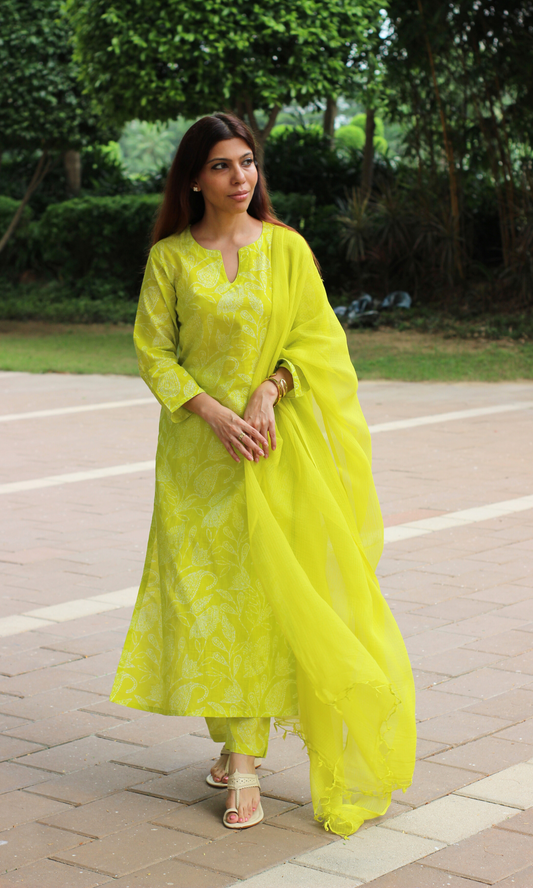 Lime Paisley Printed Cotton Kurta, Pant & Kota Doria Dupatta