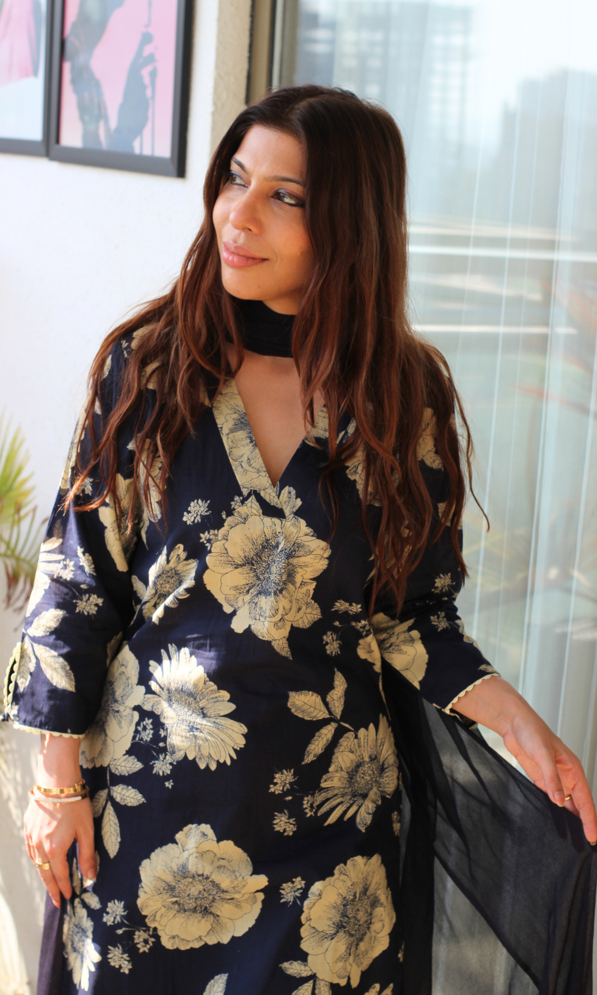 Navy Botanica Printed Kurta , Cotton Pants & Chiffon Dupatta