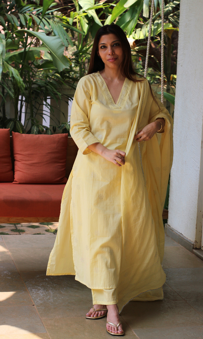 Cotton Lemon & Silver Laced Suit with Mul Printed Laced Dupatta