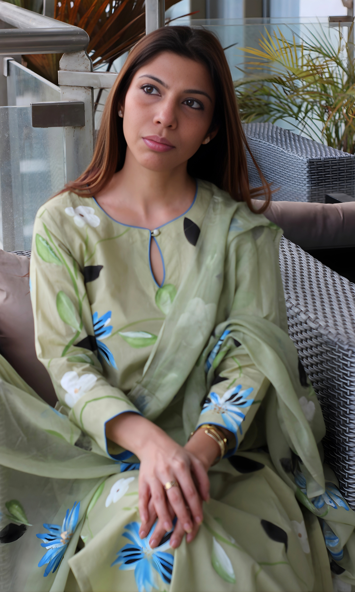 Soft Sage Hand Brush Painted Kurta, Chiffon Handpainted Dupatta & Cotton Pants