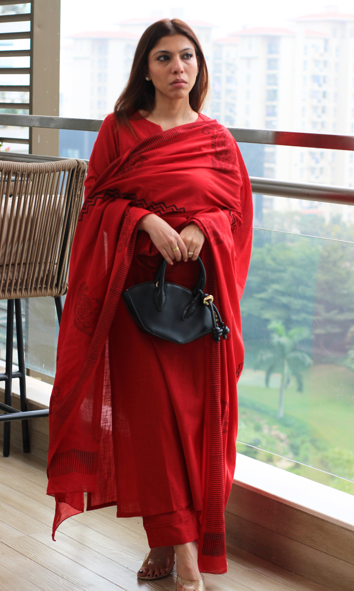 Cotton Slub Rose Red Suit with Mul Line Wave Dupatta