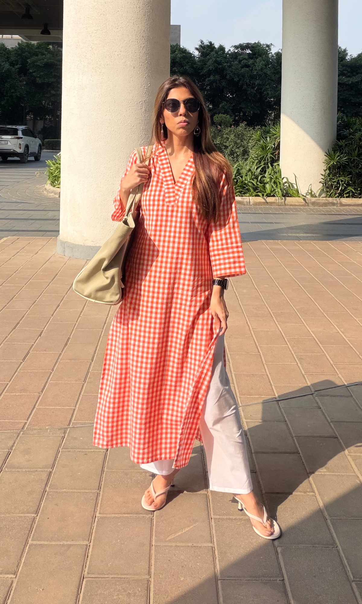 Tangerine Checks Handloom Cotton Kurta & Pants