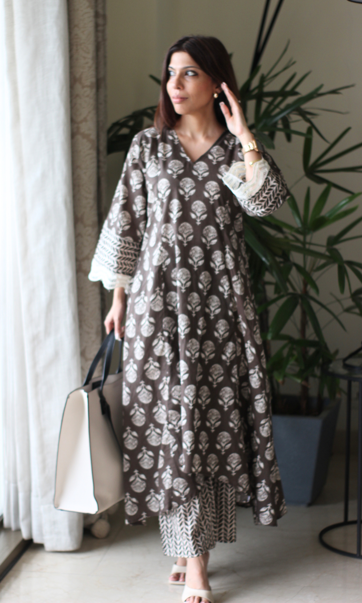Earthy Brown Dabu High Low Kurta with Palazzo