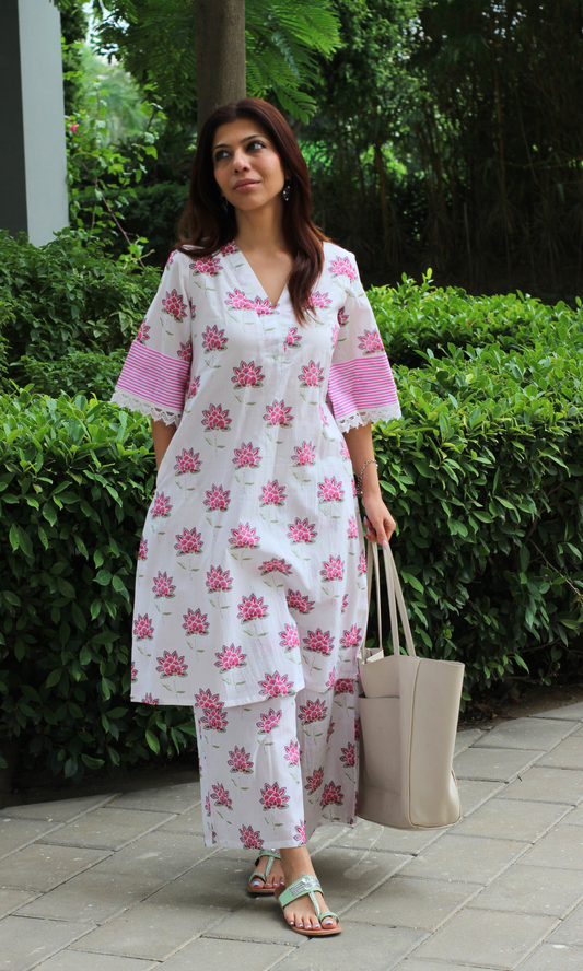 Cotton Pink Dahlia Boxy Sleeves Co-ord