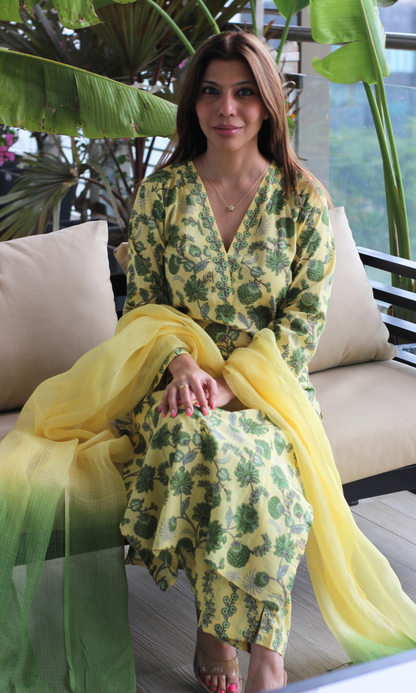 Lime & Green Block Printed Kurta, Pants and Kota Doria Ombre Dupatta