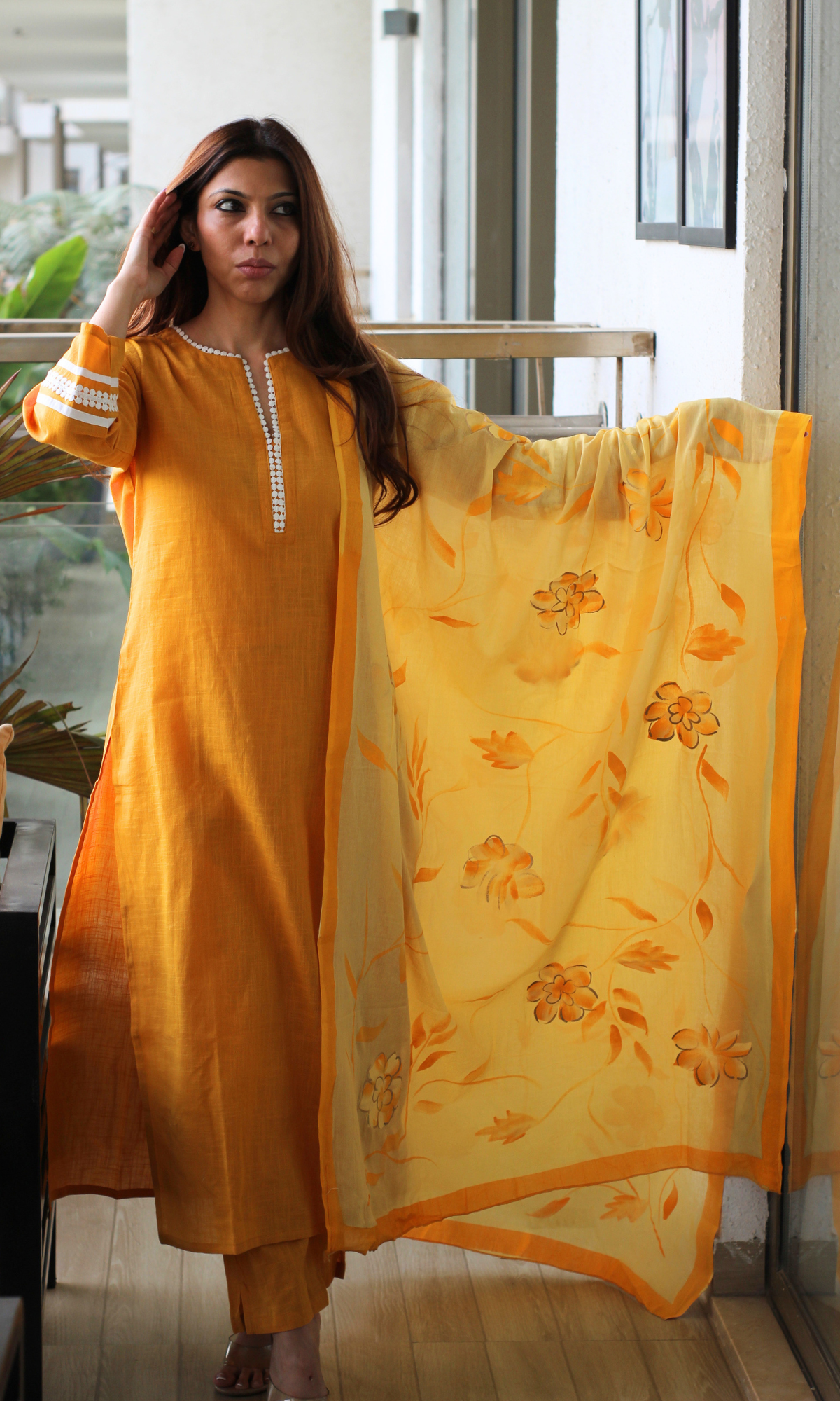 Mango Slub Laced Kurta, Pant & Mul Handpainted Dupatta