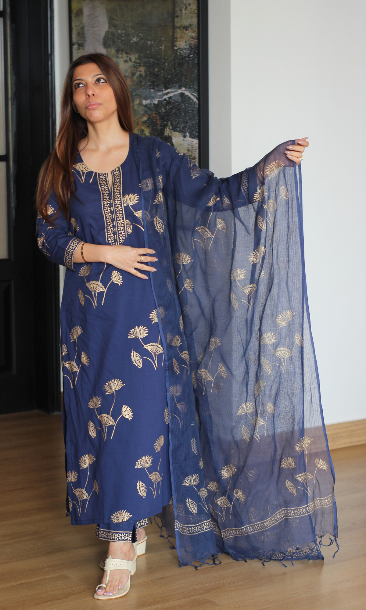 Navy Rangreza Gold Handblock Mughal Print Kurta, Cotton Pants & Kota Doria Dupatta