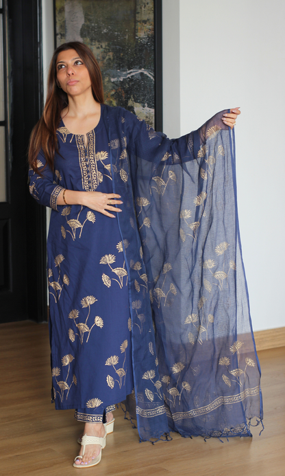 Navy Rangreza Gold Handblock Mughal Print Kurta, Cotton Pants & Kota Doria Dupatta