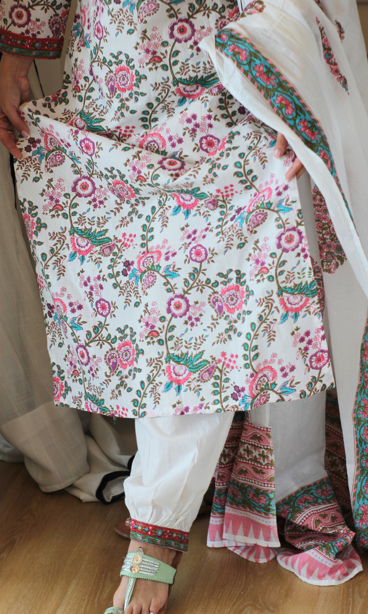 White Garden Block Print Kurta, Dupatta & Cotton Afgani Pants