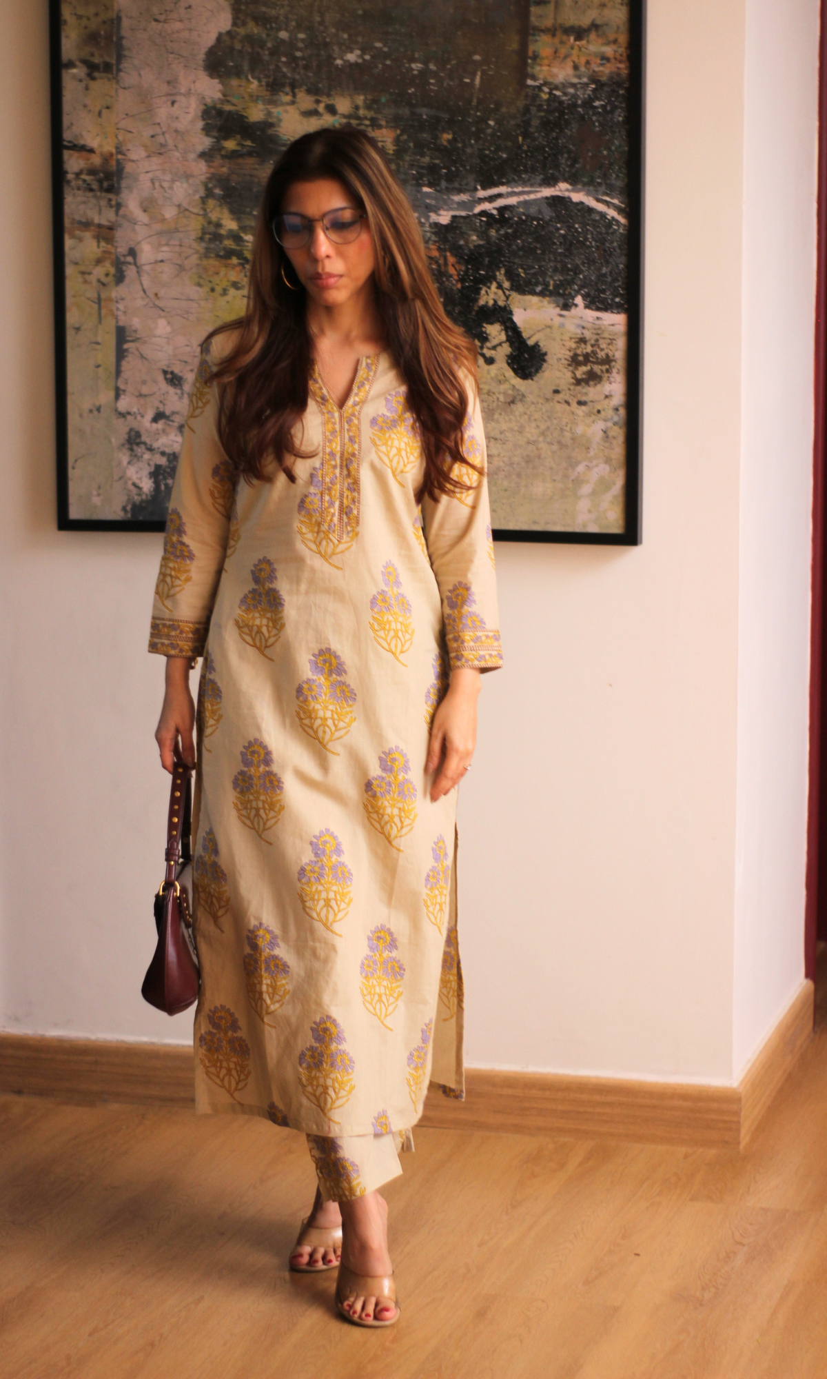 Beige & Lavender Mughal Print Kurta & Pant