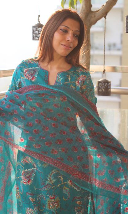 Teal & Pink Jaal Print Cotton Kurta ,Pant & Kota Doria Booti Dupatta